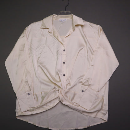 NWT SHE SKY Womens Small Cream Satin Twist Front Button Down Blouse Long Sleeve