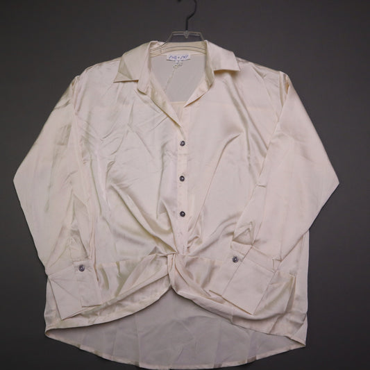 NWT SHE SKY Womens Small Cream Satin Twist Front Button Down Blouse Long Sleeve