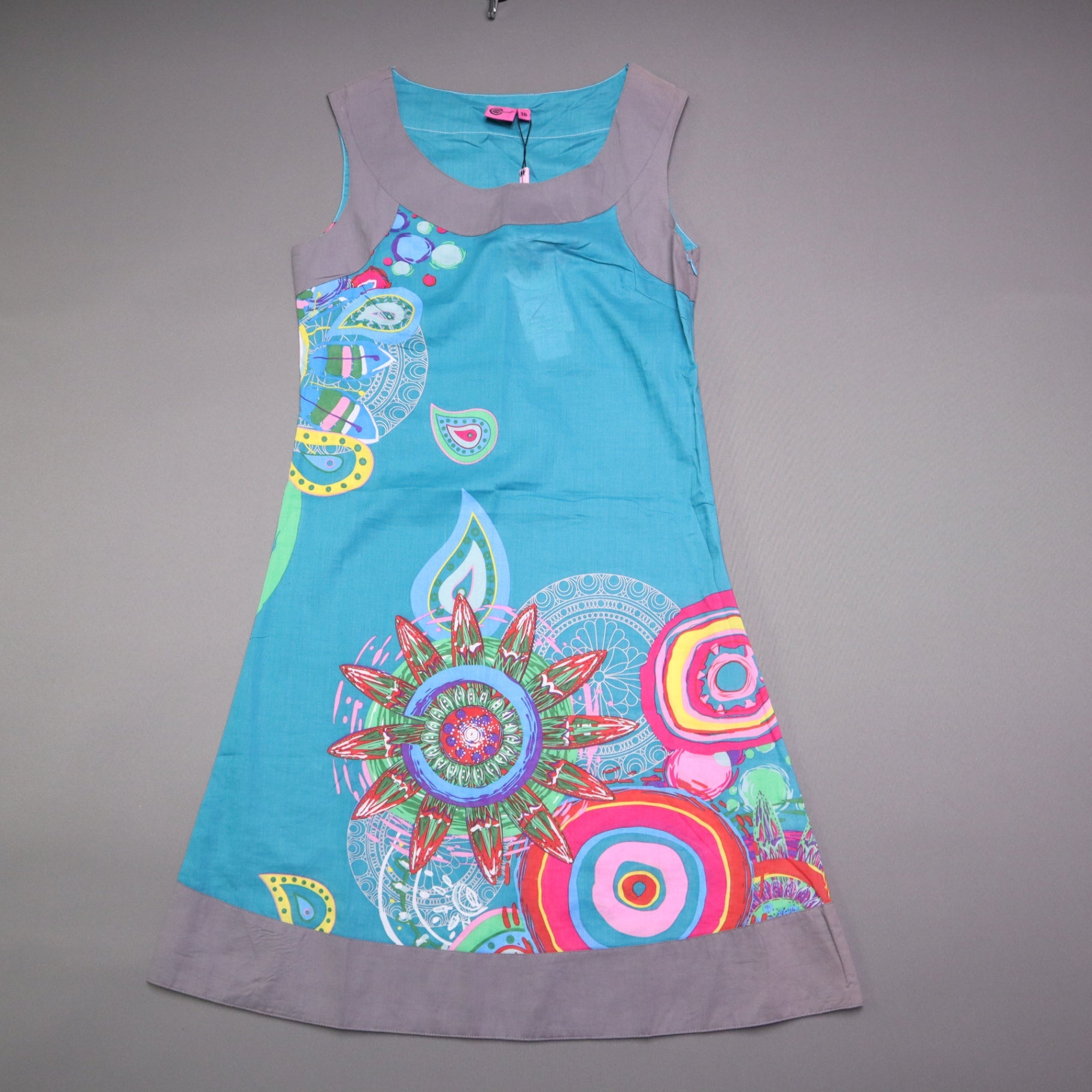 NWT Coton du Monde Womens Size 36 Small Blue Graphic Floral Psychedelic Mini Dress