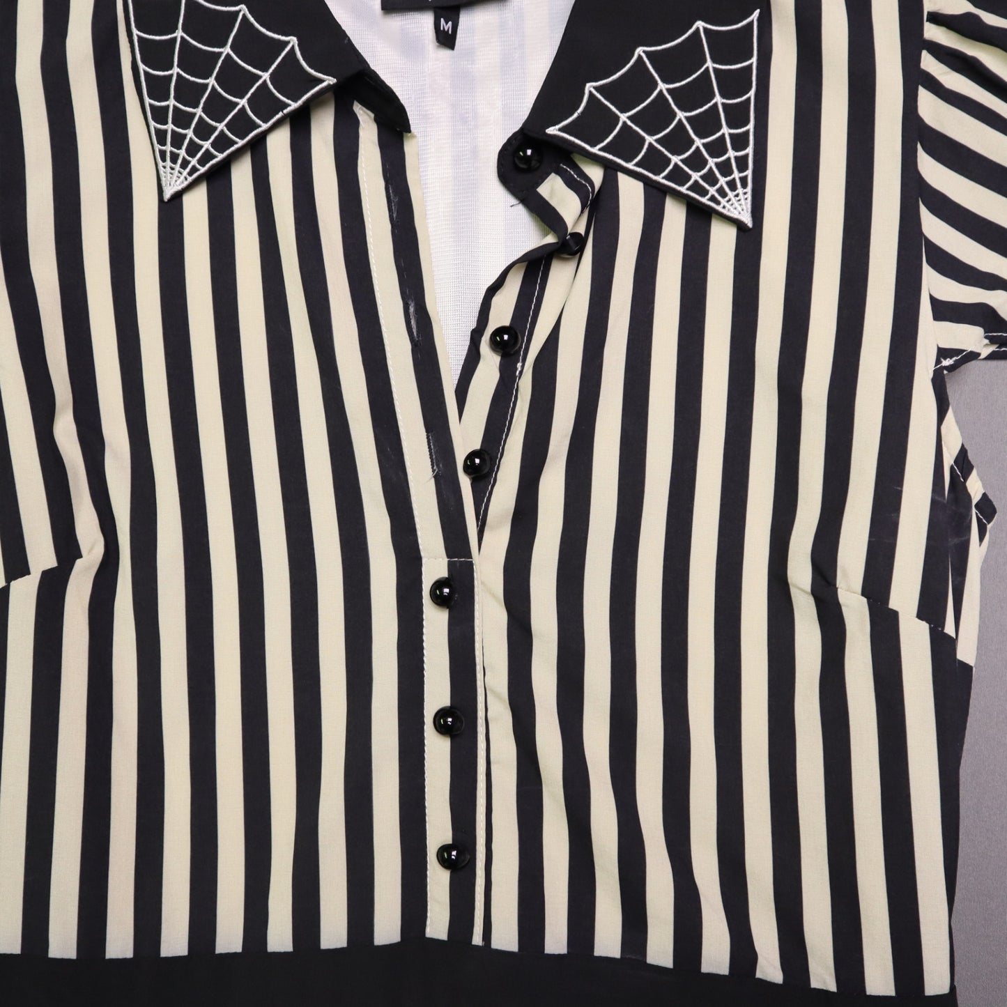 Sourpuss Womens Medium Black White Stripe Spiderweb Embroidered Collar Dress M