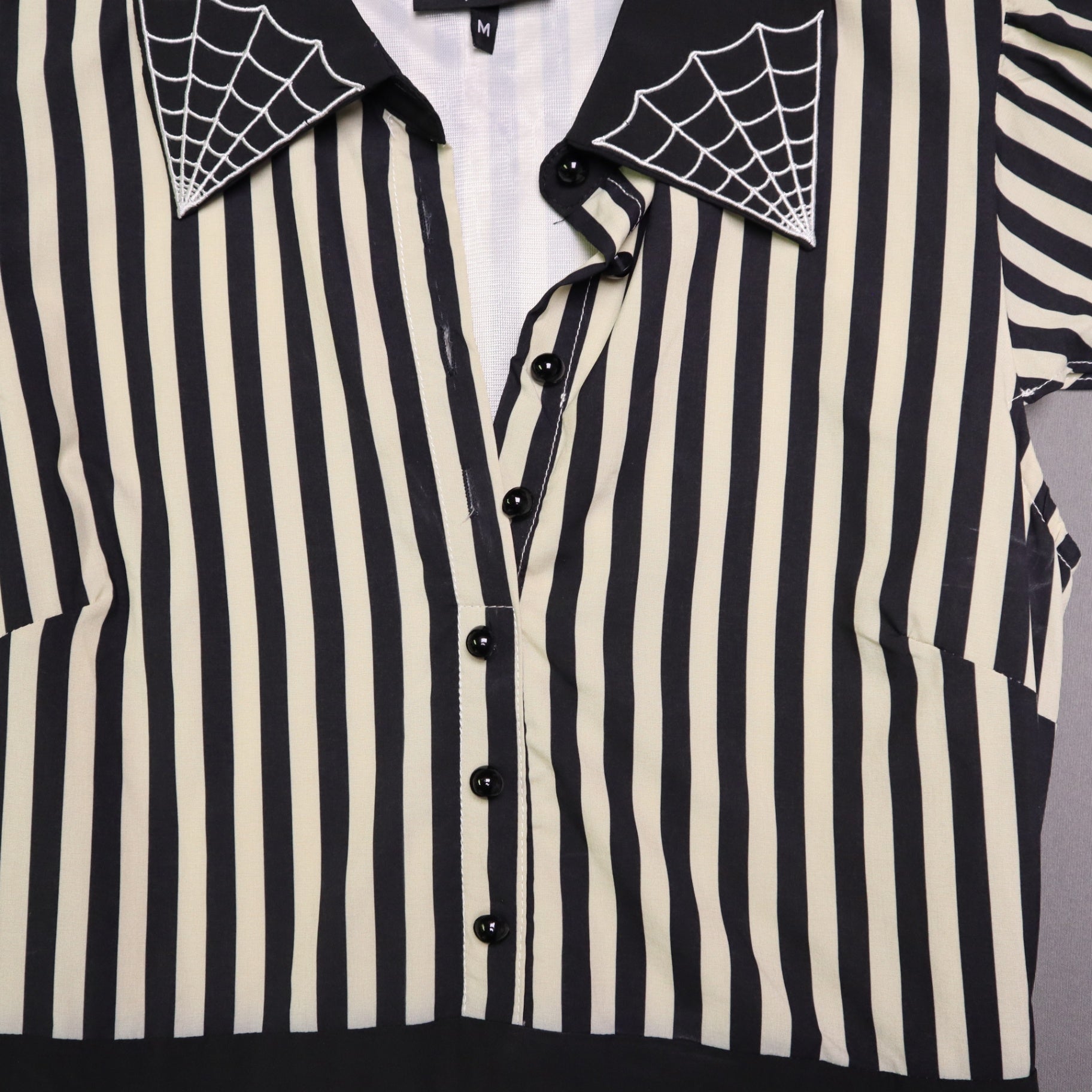 Sourpuss Womens Medium Black White Stripe Spiderweb Embroidered Collar Dress M