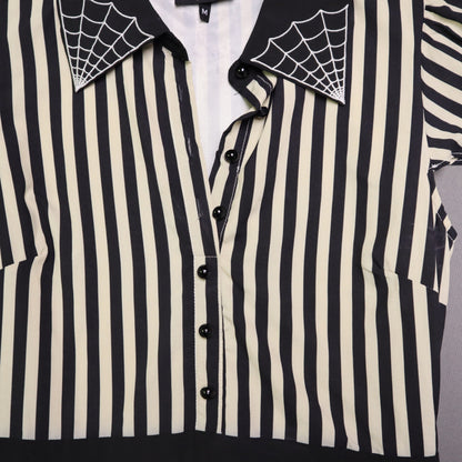 Sourpuss Womens Medium Black White Stripe Spiderweb Embroidered Collar Dress M