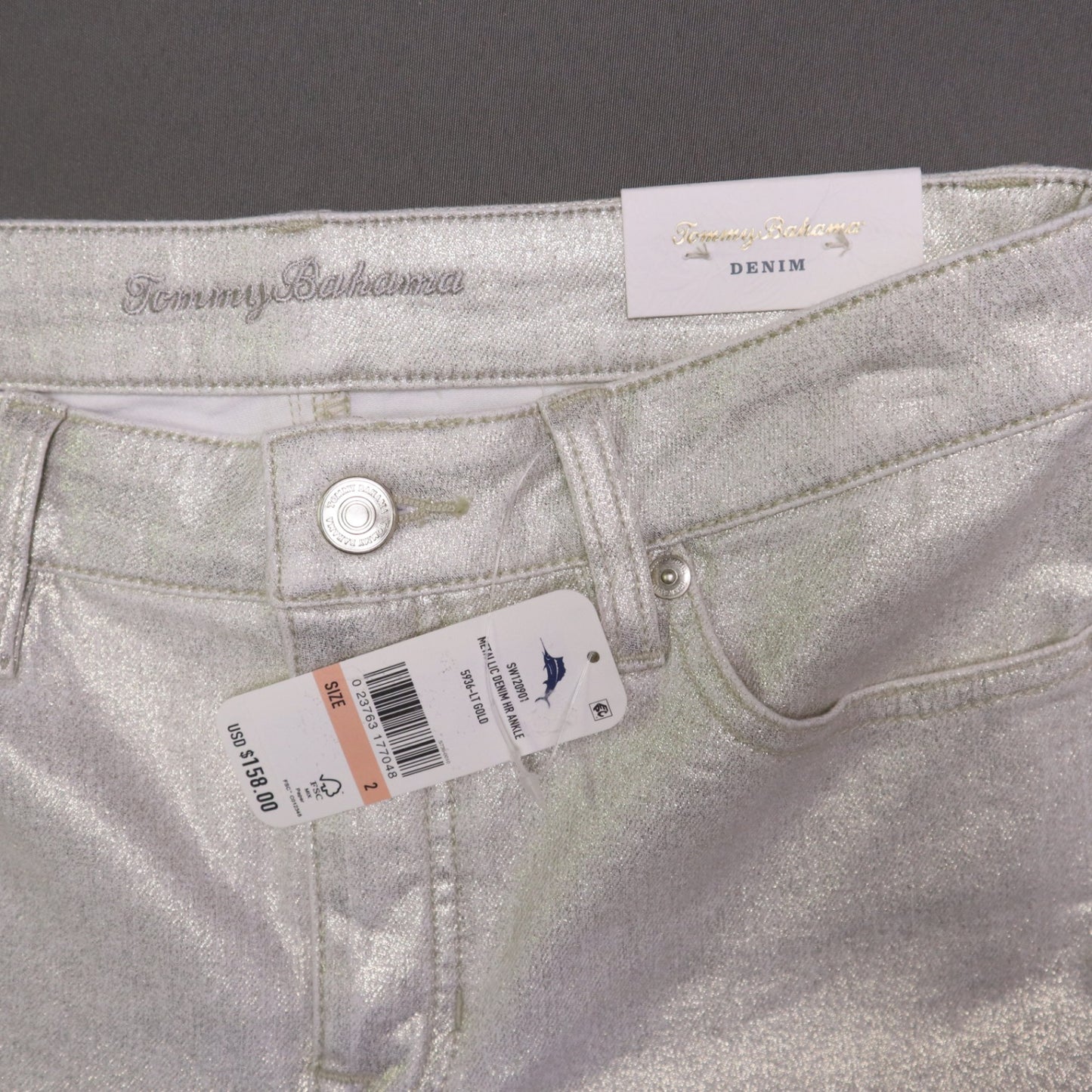 NWT Tommy Bahama Womens 2 Metallic Gold High Rise Ankle Denim Jeans Pants $158