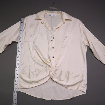 NWT SHE SKY Womens Small Cream Satin Twist Front Button Down Blouse Long Sleeve