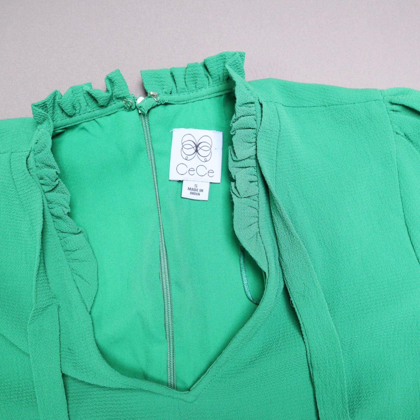 CeCe Womens Small Green Ruffle Neck Tie Front Drop Waist Flounce Hem Mini Dress