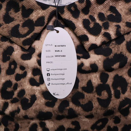 NWT Unique Vintage Womens XS Leopard Print Off Shoulder Foldover Collar Knit Top
