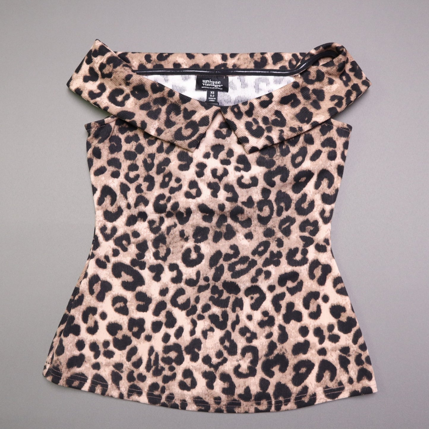 NWT Unique Vintage Womens XS Leopard Print Off Shoulder Foldover Collar Knit Top