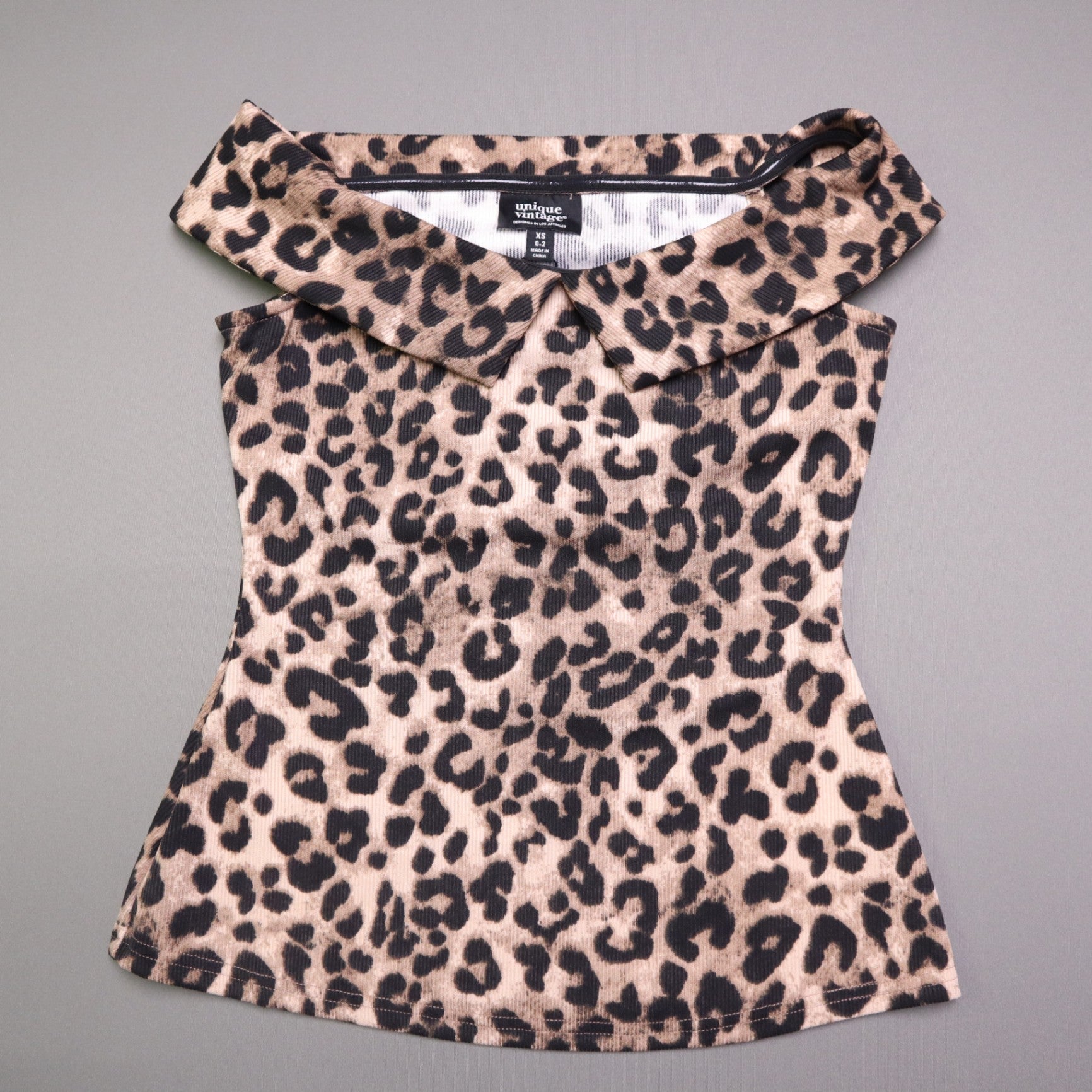 NWT Unique Vintage Womens XS Leopard Print Off Shoulder Foldover Collar Knit Top