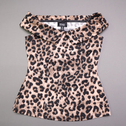 NWT Unique Vintage Womens XS Leopard Print Off Shoulder Foldover Collar Knit Top