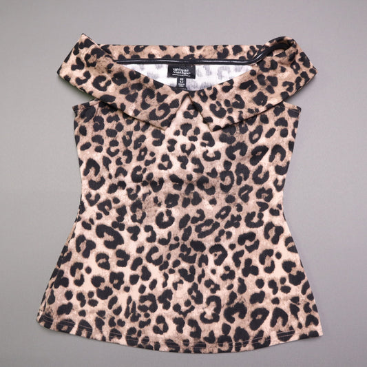 NWT Unique Vintage Womens XS Leopard Print Off Shoulder Foldover Collar Knit Top