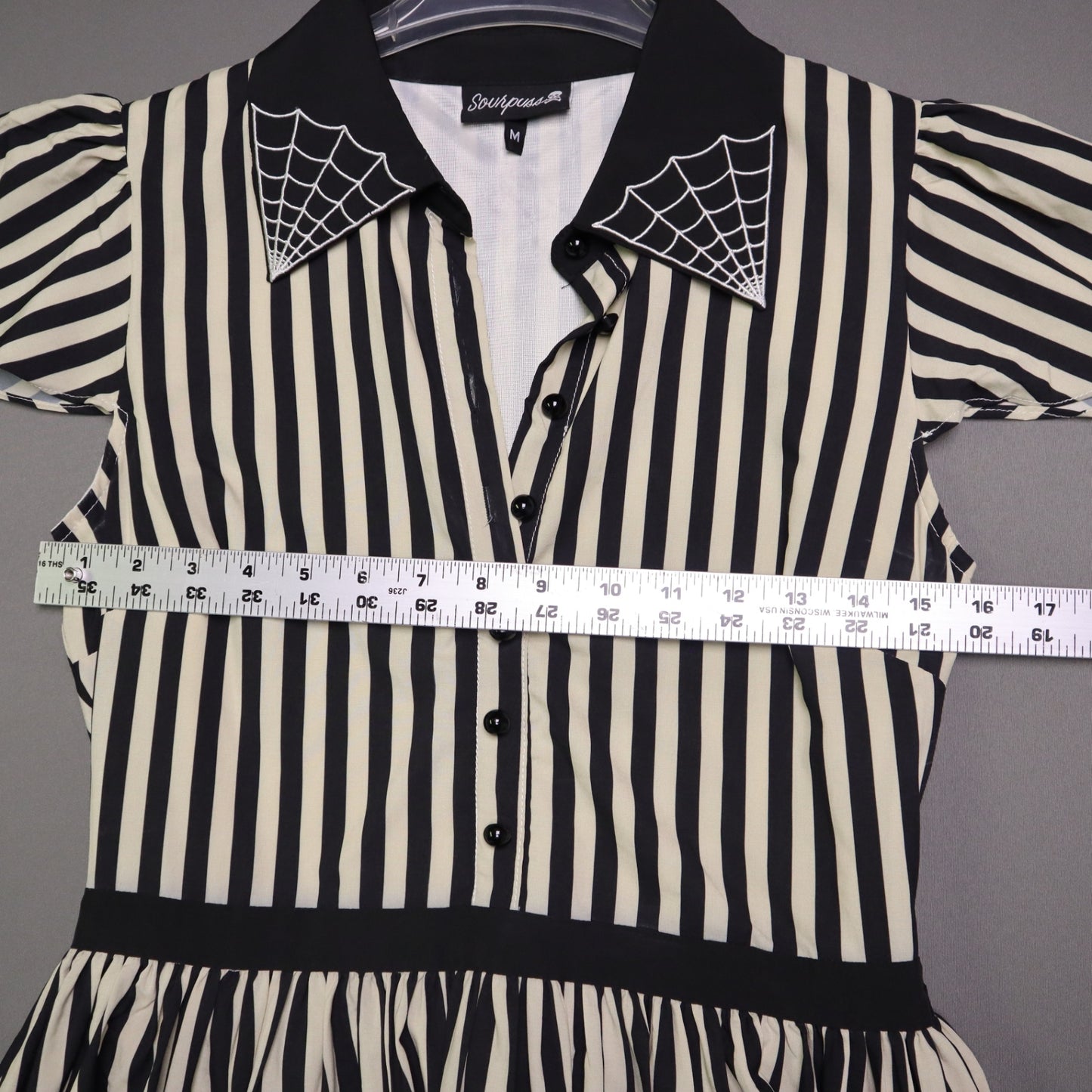 Sourpuss Womens Medium Black White Stripe Spiderweb Embroidered Collar Dress M