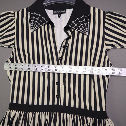 Sourpuss Womens Medium Black White Stripe Spiderweb Embroidered Collar Dress M