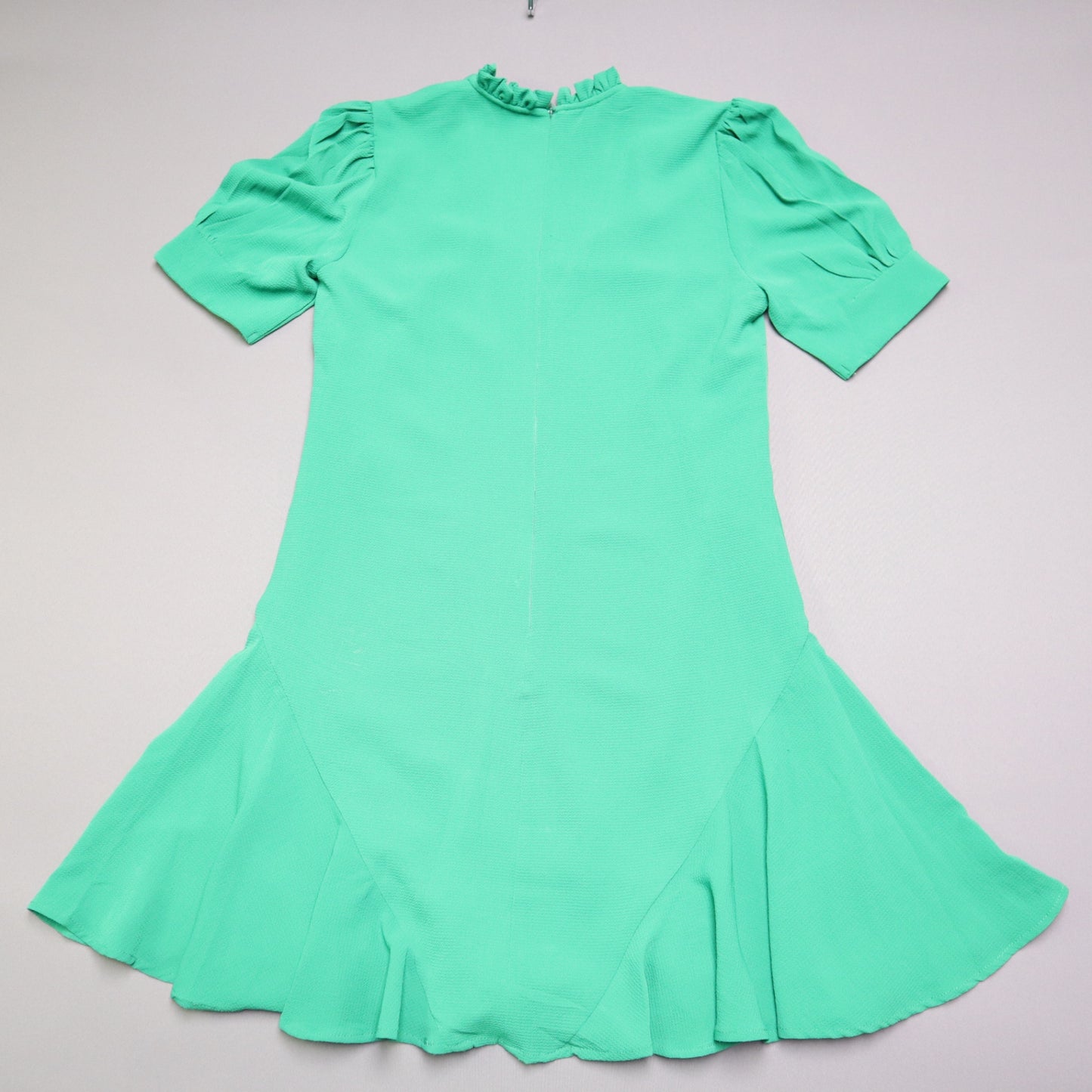 CeCe Womens Small Green Ruffle Neck Tie Front Drop Waist Flounce Hem Mini Dress