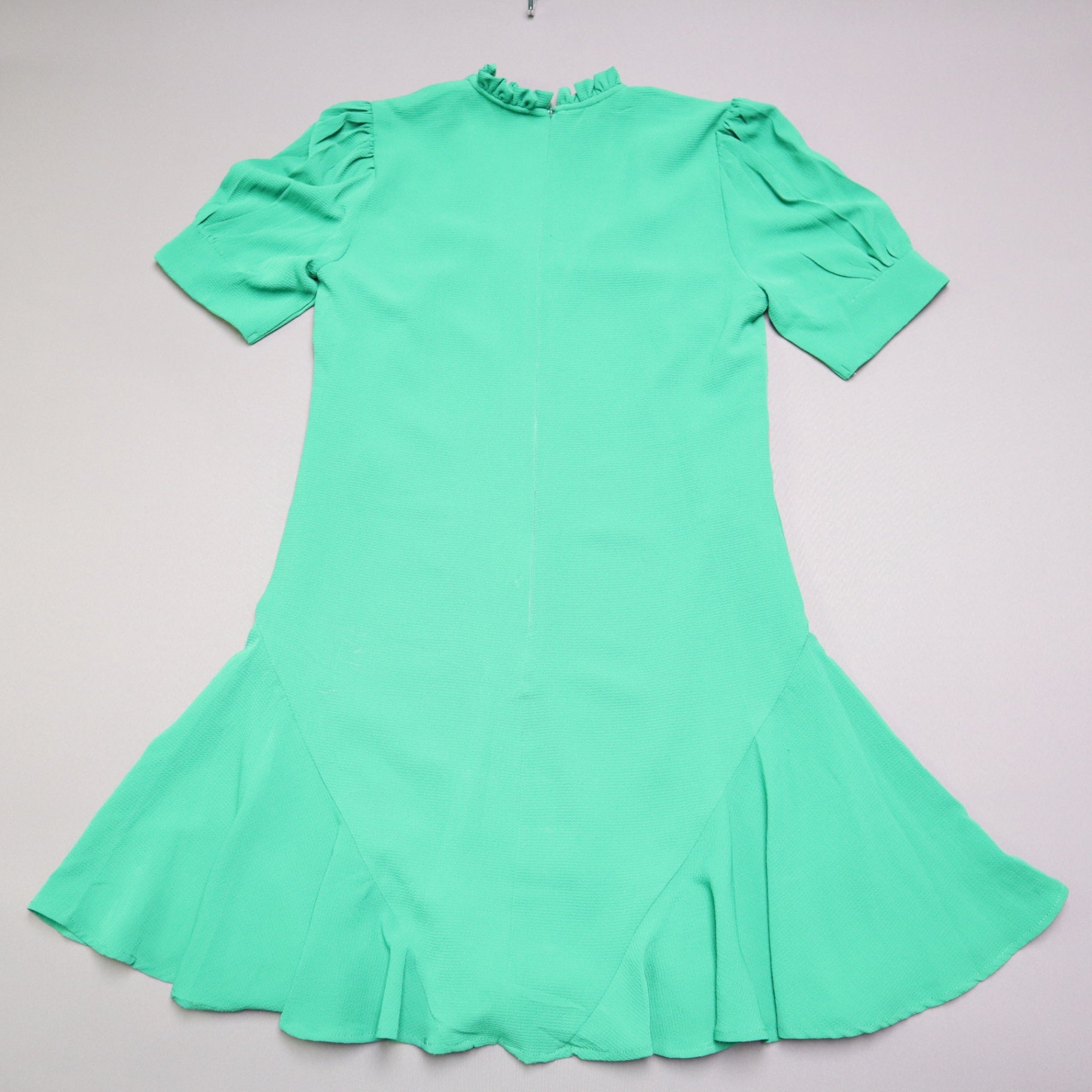 CeCe Womens Small Green Ruffle Neck Tie Front Drop Waist Flounce Hem Mini Dress