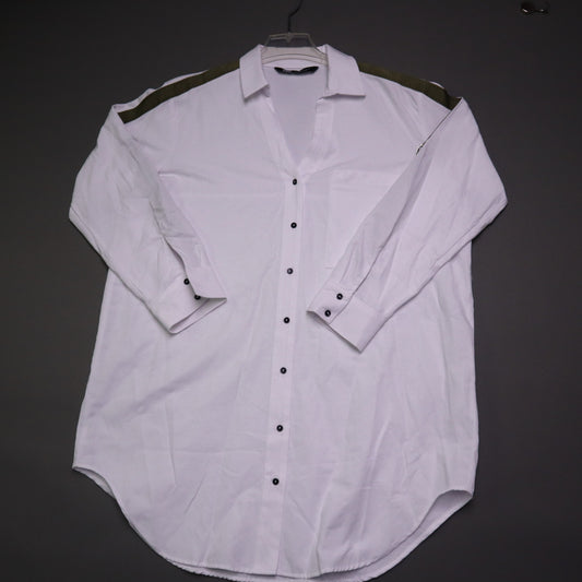 Zara Womens Small White Military Stripe Roll Tab Sleeve Oversized Tunic Shirt S