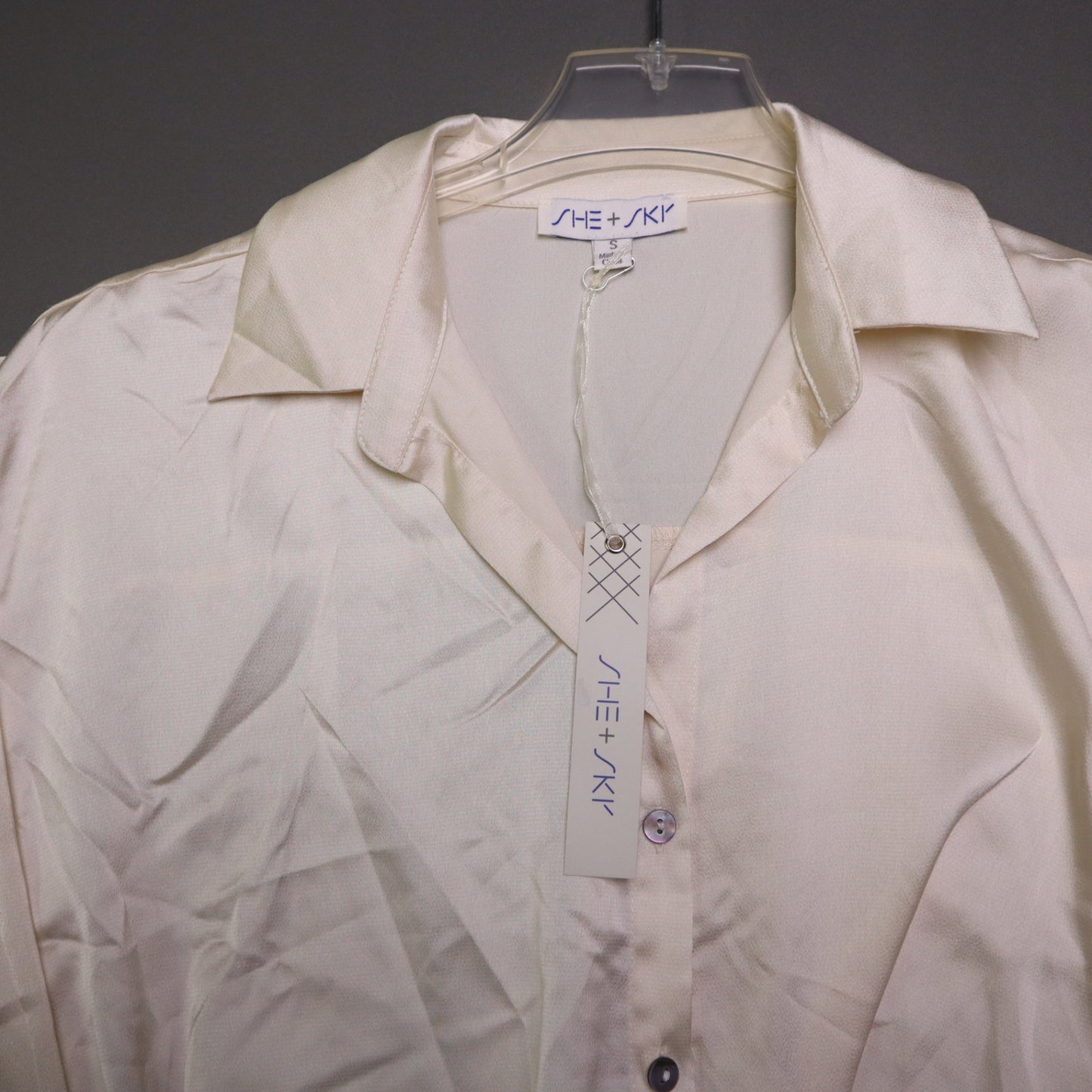 NWT SHE SKY Womens Small Cream Satin Twist Front Button Down Blouse Long Sleeve