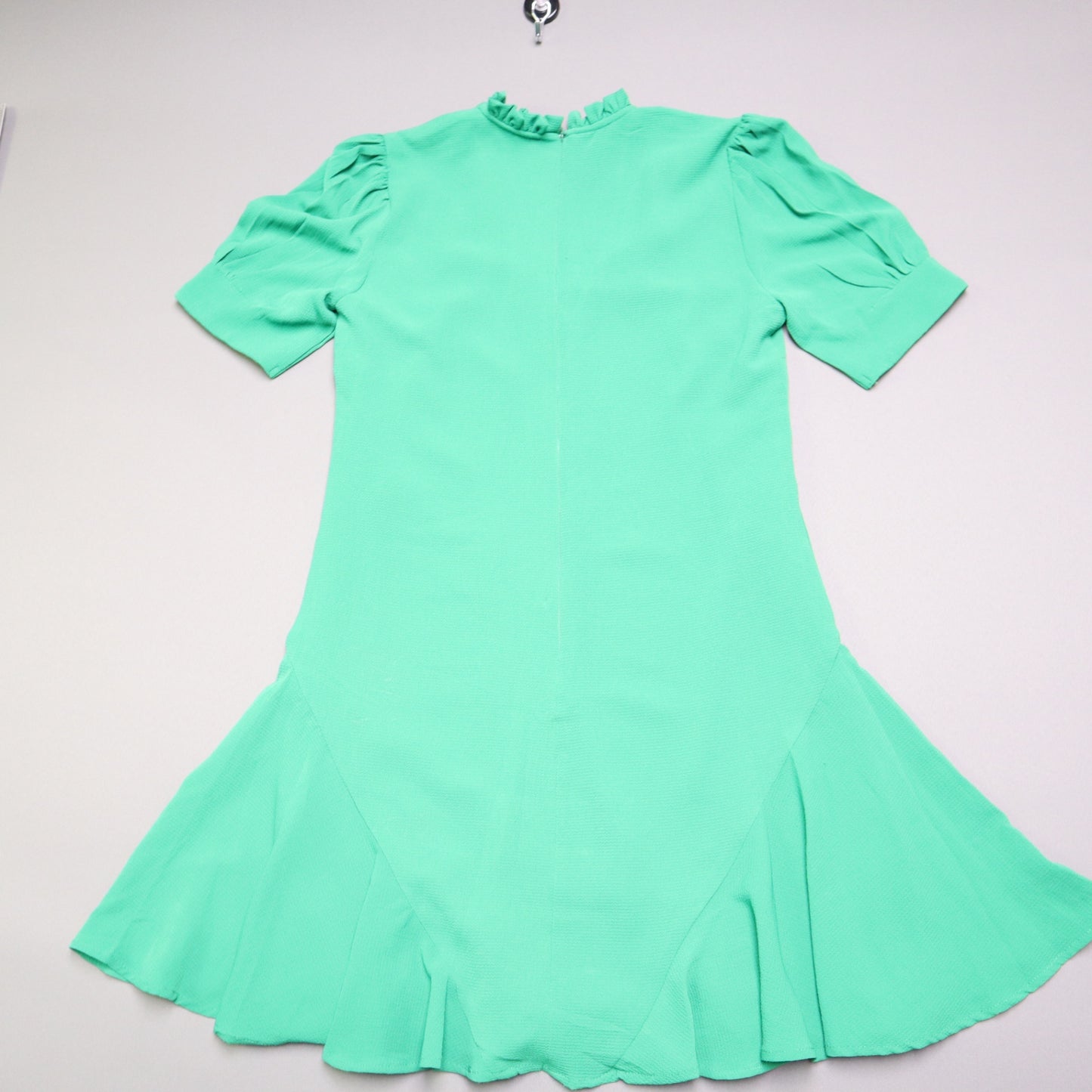 CeCe Womens Small Green Ruffle Neck Tie Front Drop Waist Flounce Hem Mini Dress