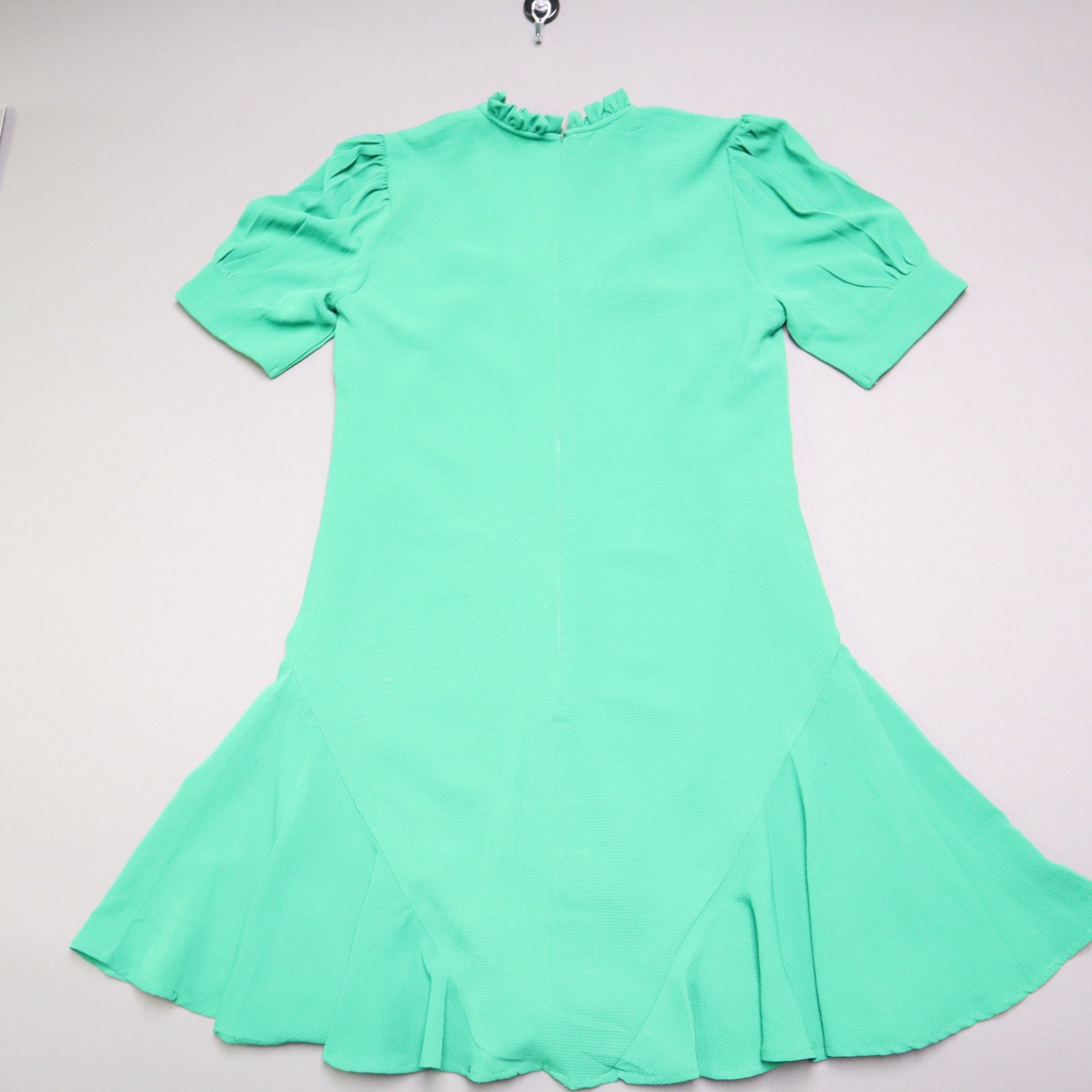 CeCe Womens Small Green Ruffle Neck Tie Front Drop Waist Flounce Hem Mini Dress