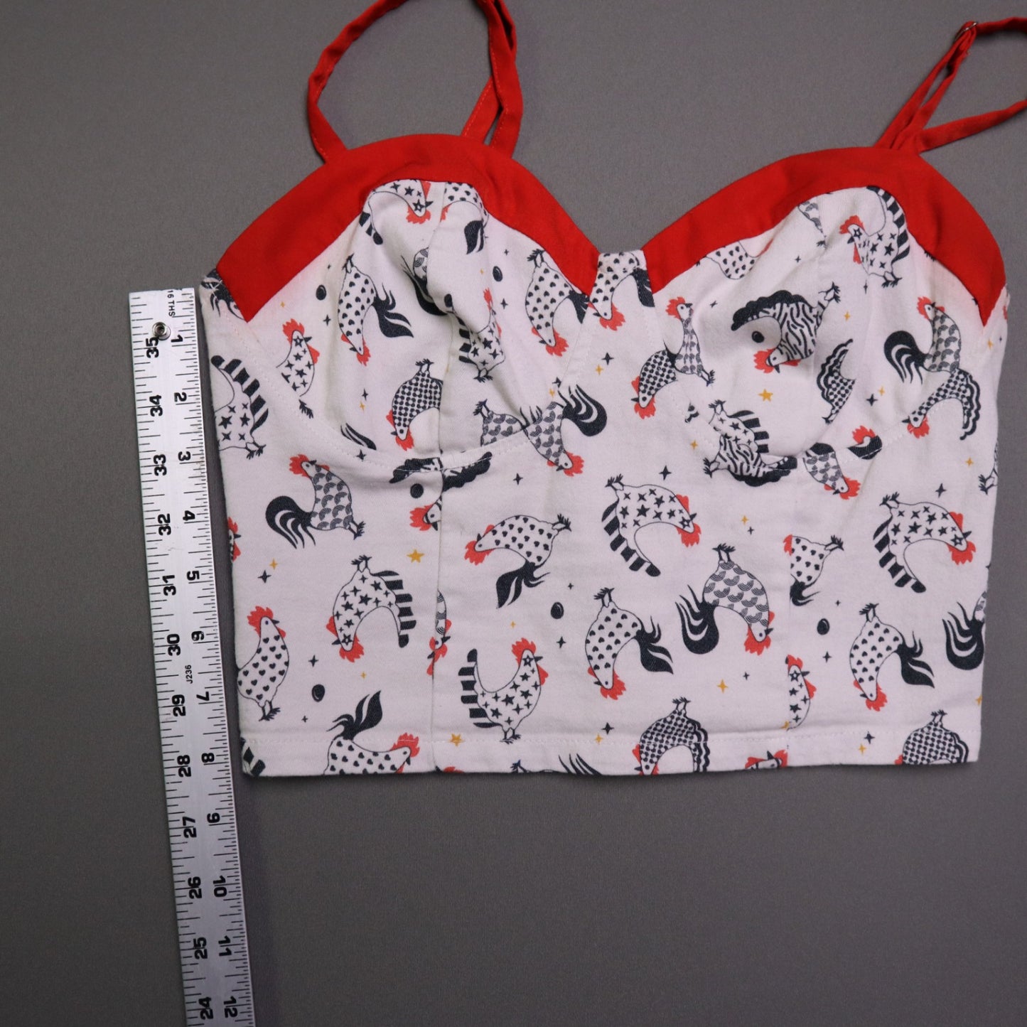 Unique Vintage Womens S White Chicken Rooster Print Bustier Crop Top Retro Pinup