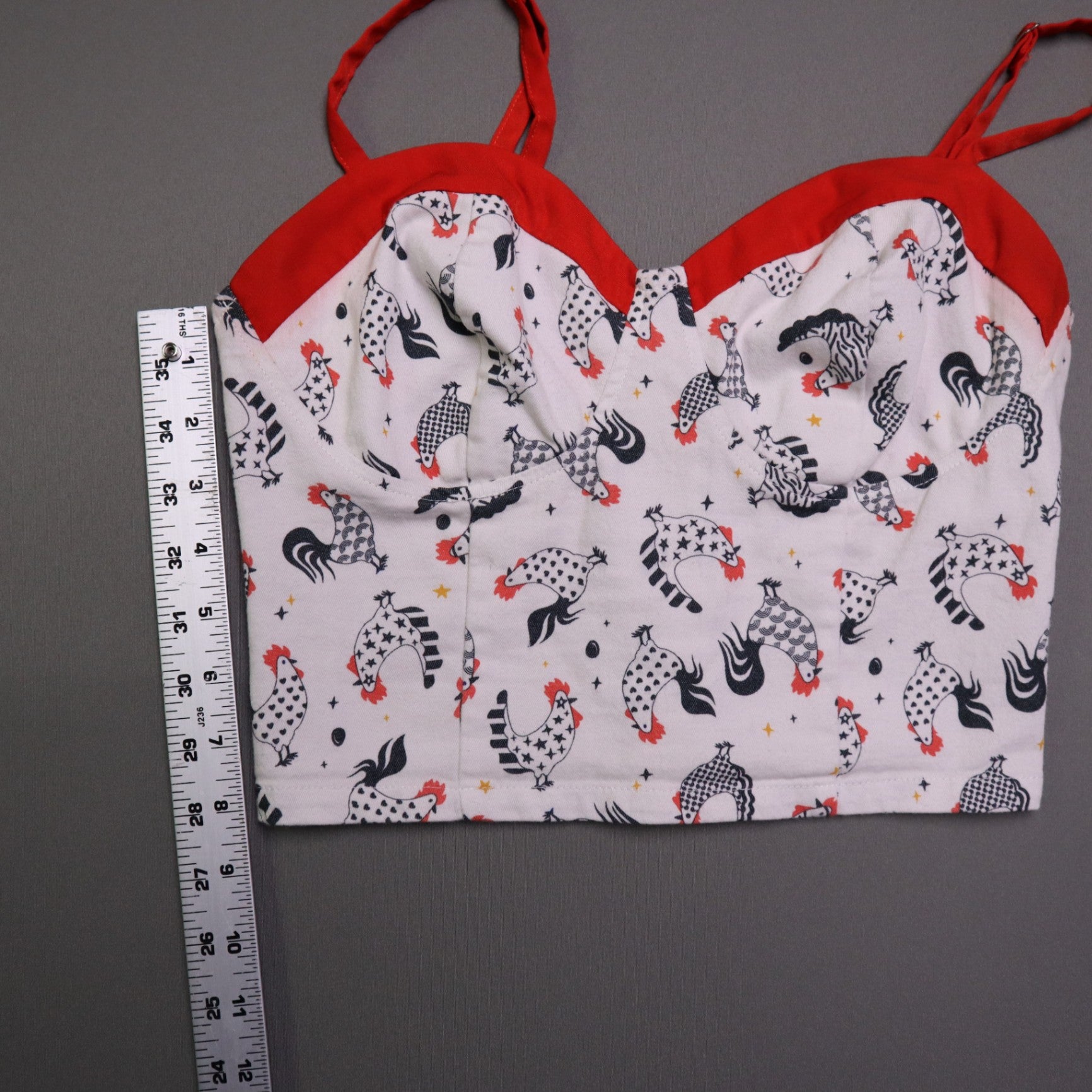 Unique Vintage Womens S White Chicken Rooster Print Bustier Crop Top Retro Pinup