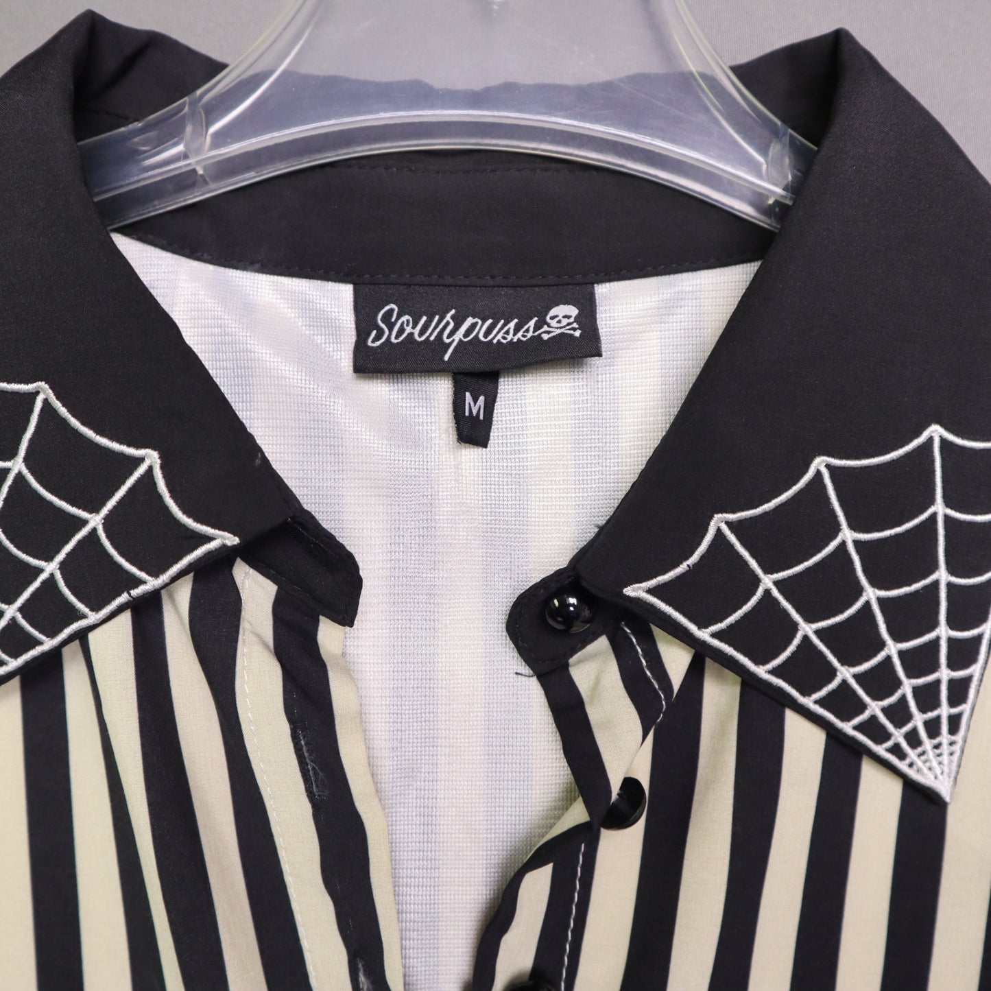 Sourpuss Womens Medium Black White Stripe Spiderweb Embroidered Collar Dress M