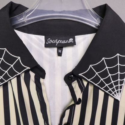 Sourpuss Womens Medium Black White Stripe Spiderweb Embroidered Collar Dress M
