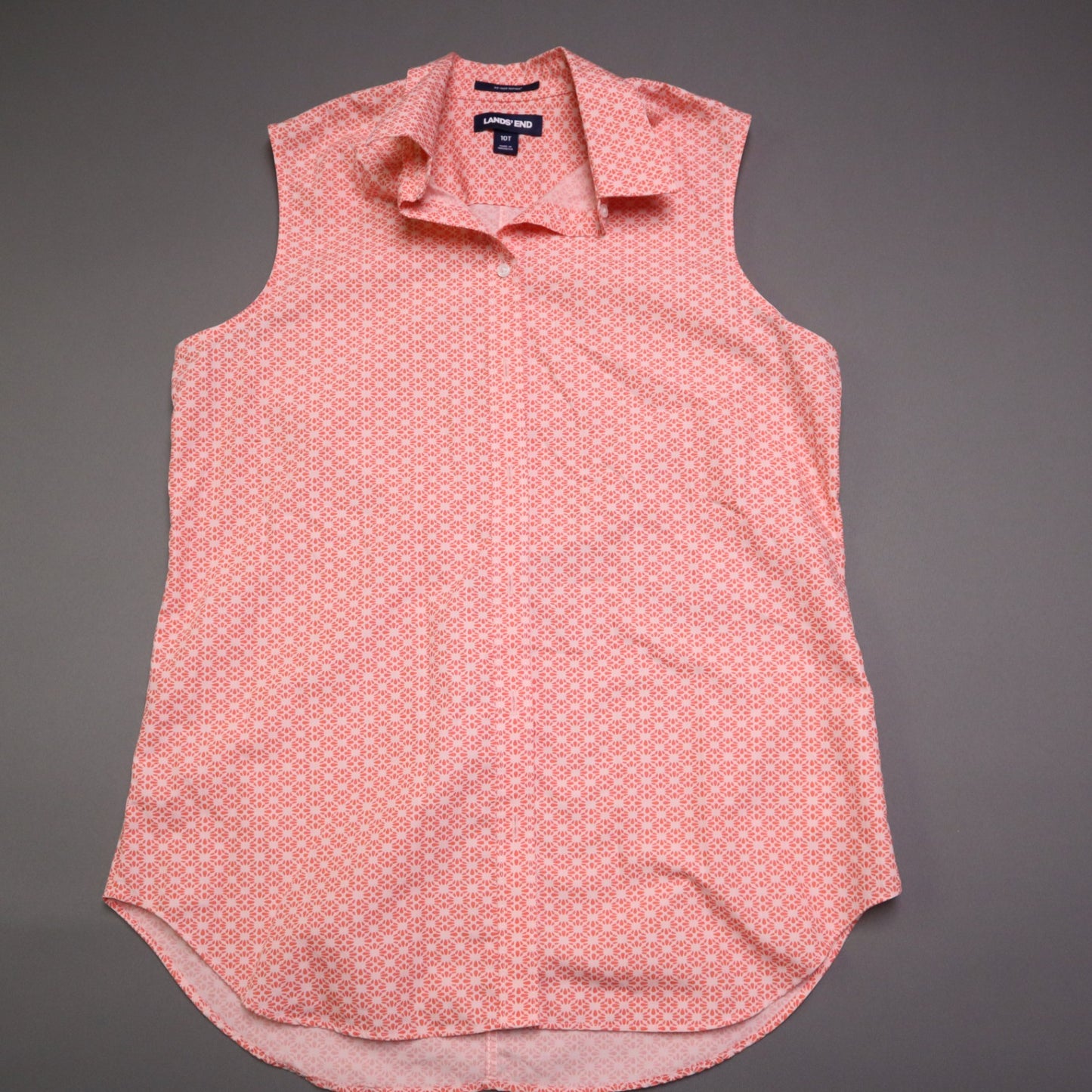 Lands End Womens Tall 10T No Iron Supima Cotton Sleeveless Shirt Coral Pink Geometric