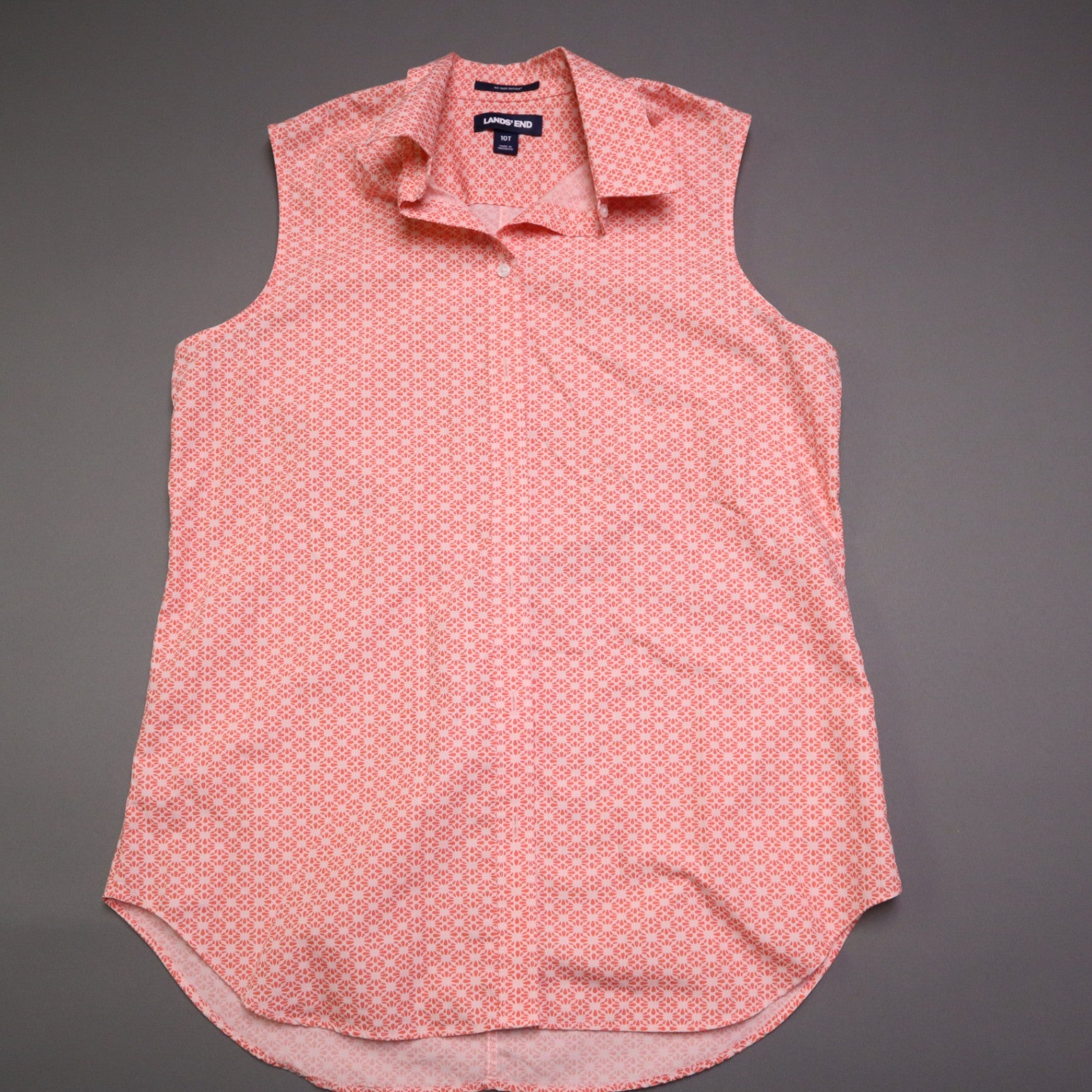 Lands End Womens Tall 10T No Iron Supima Cotton Sleeveless Shirt Coral Pink Geometric