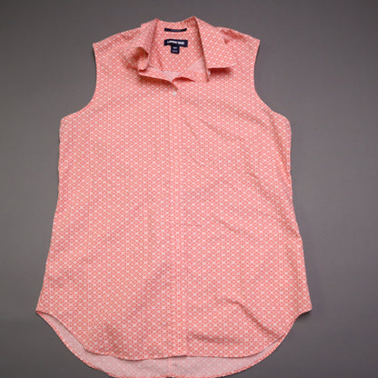 Lands End Womens Tall 10T No Iron Supima Cotton Sleeveless Shirt Coral Pink Geometric