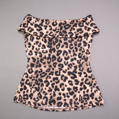NWT Unique Vintage Womens XS Leopard Print Off Shoulder Foldover Collar Knit Top