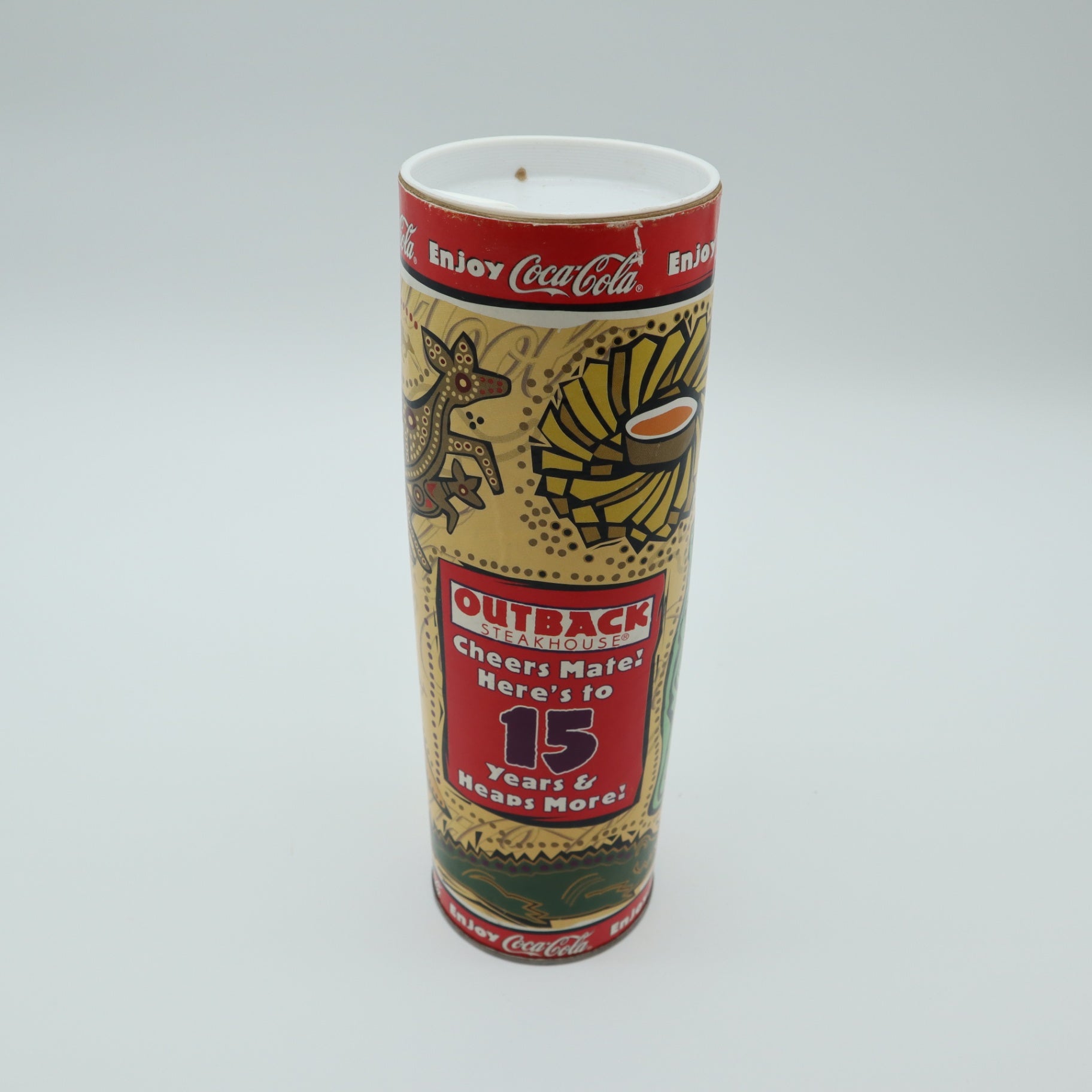 2003 Outback Steakhouse 15th Anniversary Coca Cola Bottle Tube Canister Hangtag