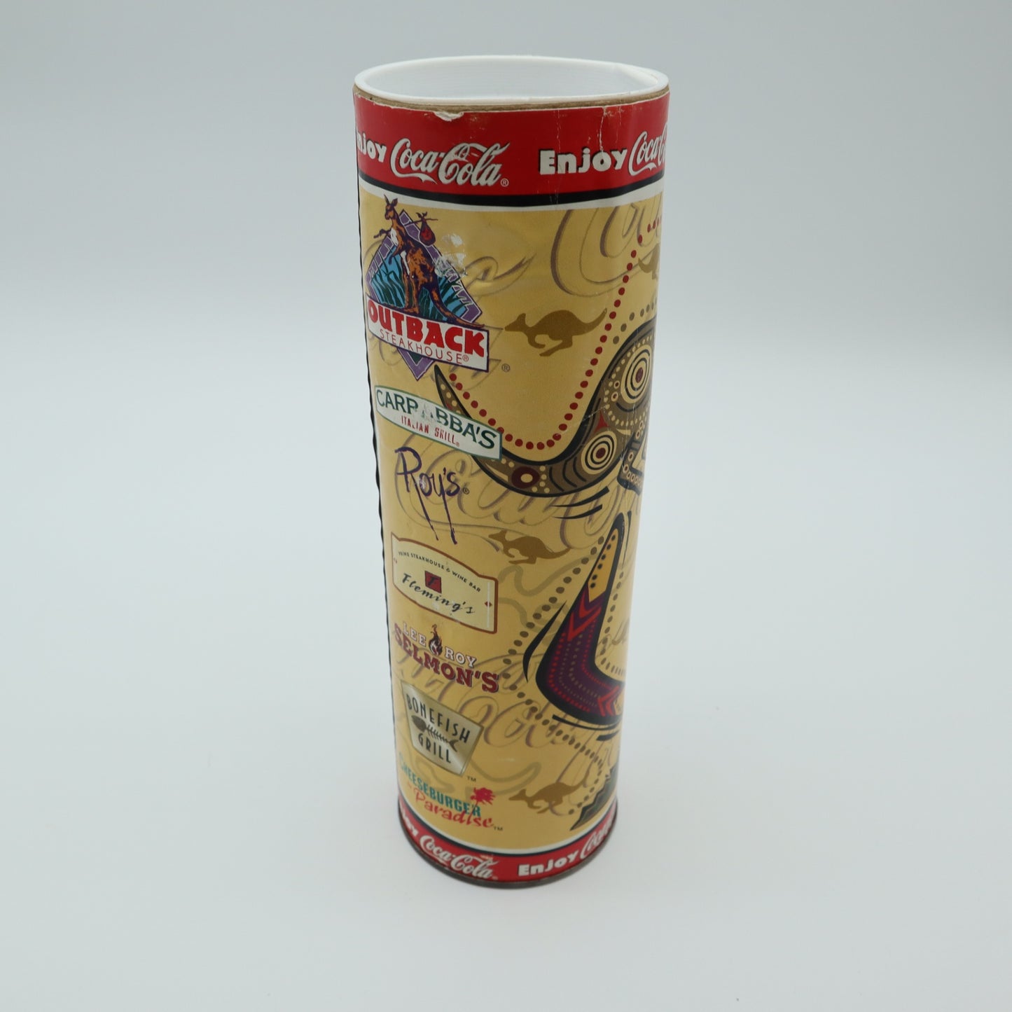 2003 Outback Steakhouse 15th Anniversary Coca Cola Bottle Tube Canister Hangtag