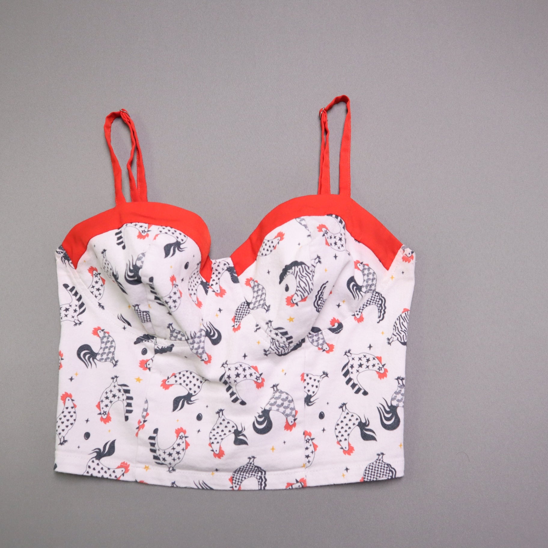 Unique Vintage Womens S White Chicken Rooster Print Bustier Crop Top Retro Pinup