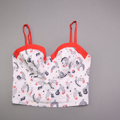Unique Vintage Womens S White Chicken Rooster Print Bustier Crop Top Retro Pinup
