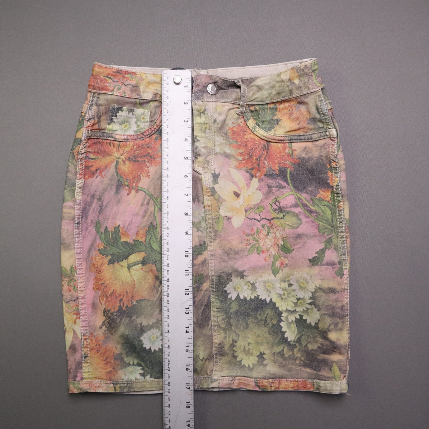 Zac & Zoe Women Reversible Denim Mini Skirt S Small Floral Beige Khaki Jean Stretch
