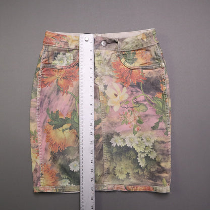 Zac & Zoe Women Reversible Denim Mini Skirt S Small Floral Beige Khaki Jean Stretch