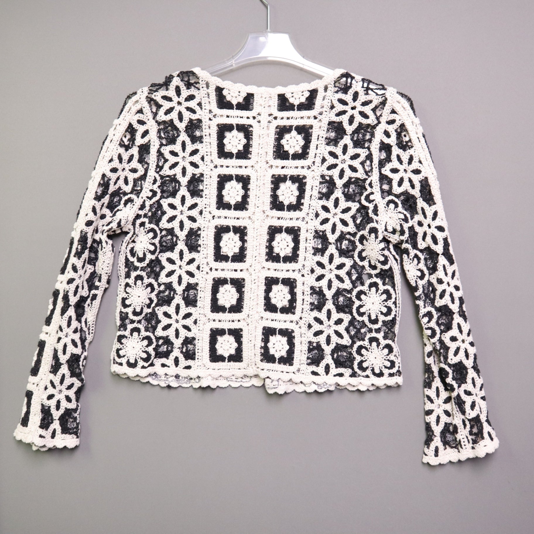 Ultra Pink Medium M Crochet Cardigan Sweater Black Cream Granny Square Boho Open