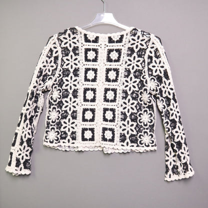 Ultra Pink Medium M Crochet Cardigan Sweater Black Cream Granny Square Boho Open