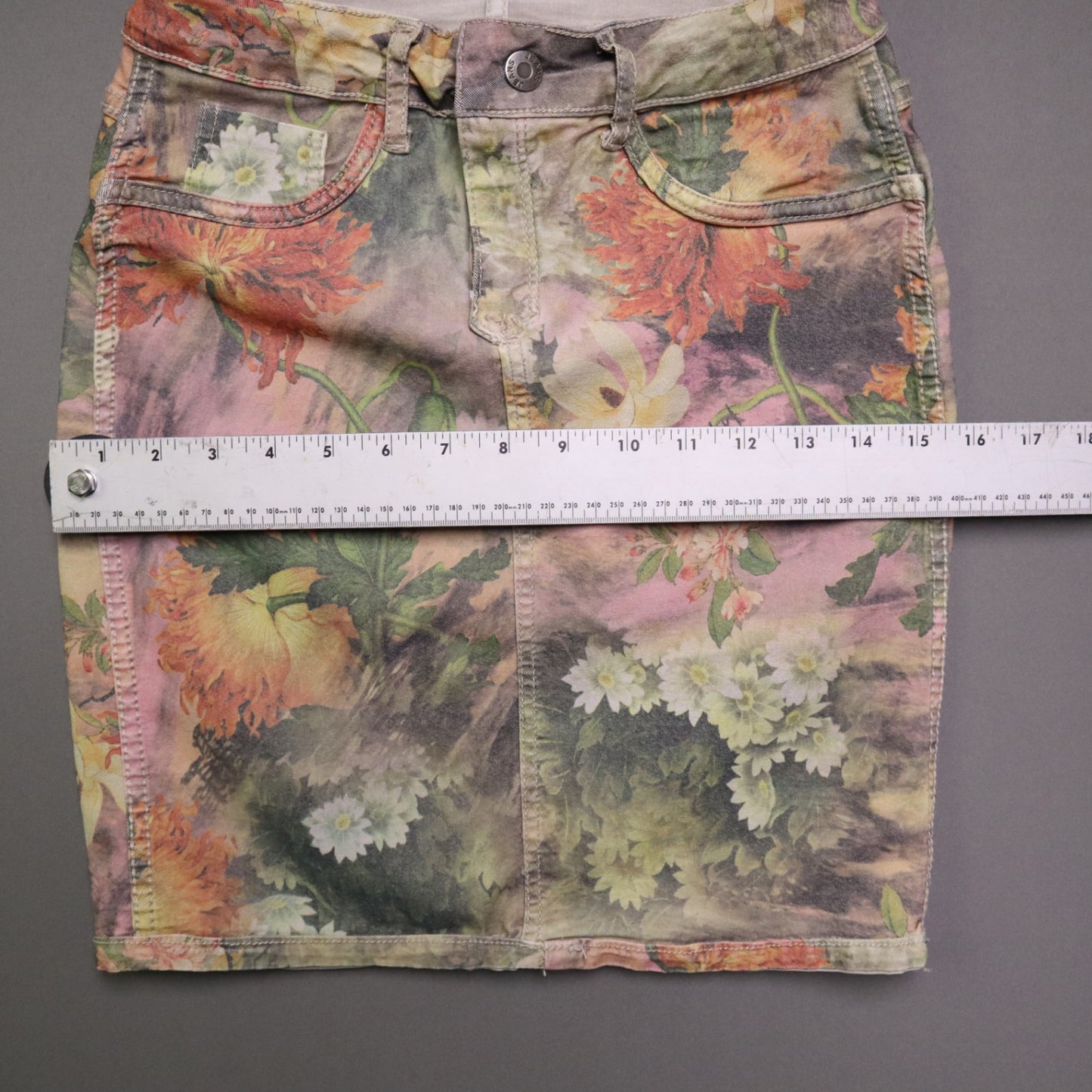 Zac & Zoe Women Reversible Denim Mini Skirt S Small Floral Beige Khaki Jean Stretch