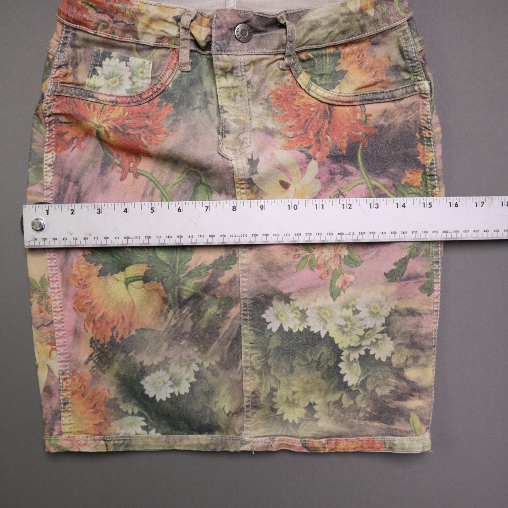 Zac & Zoe Women Reversible Denim Mini Skirt S Small Floral Beige Khaki Jean Stretch