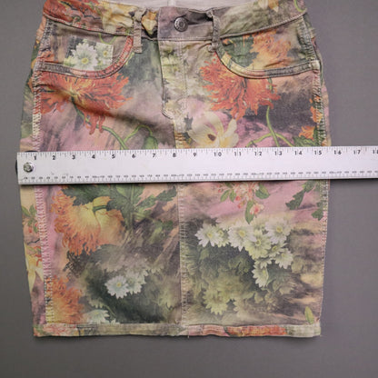 Zac & Zoe Women Reversible Denim Mini Skirt S Small Floral Beige Khaki Jean Stretch