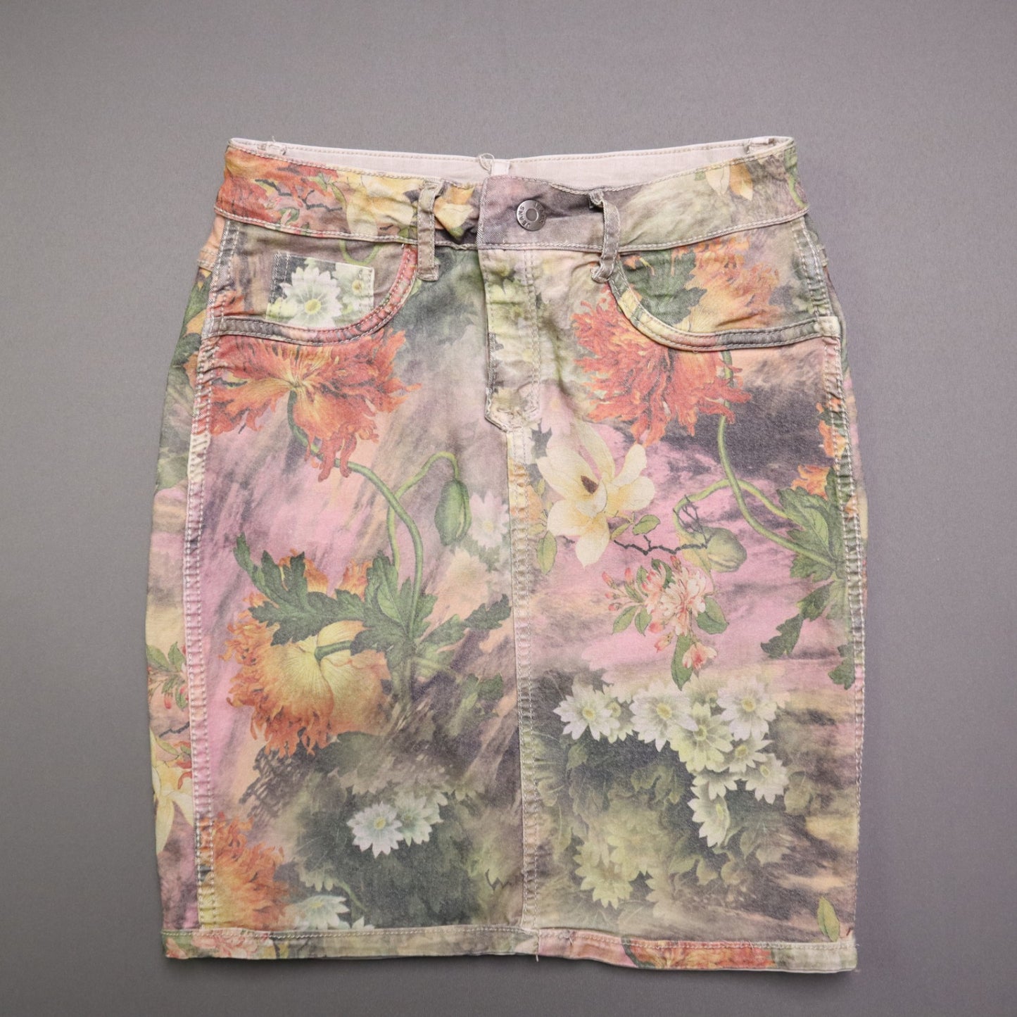 Zac & Zoe Women Reversible Denim Mini Skirt S Small Floral Beige Khaki Jean Stretch