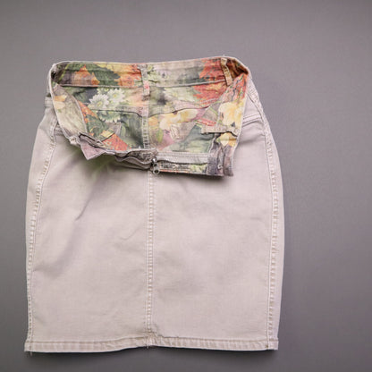 Zac & Zoe Women Reversible Denim Mini Skirt S Small Floral Beige Khaki Jean Stretch