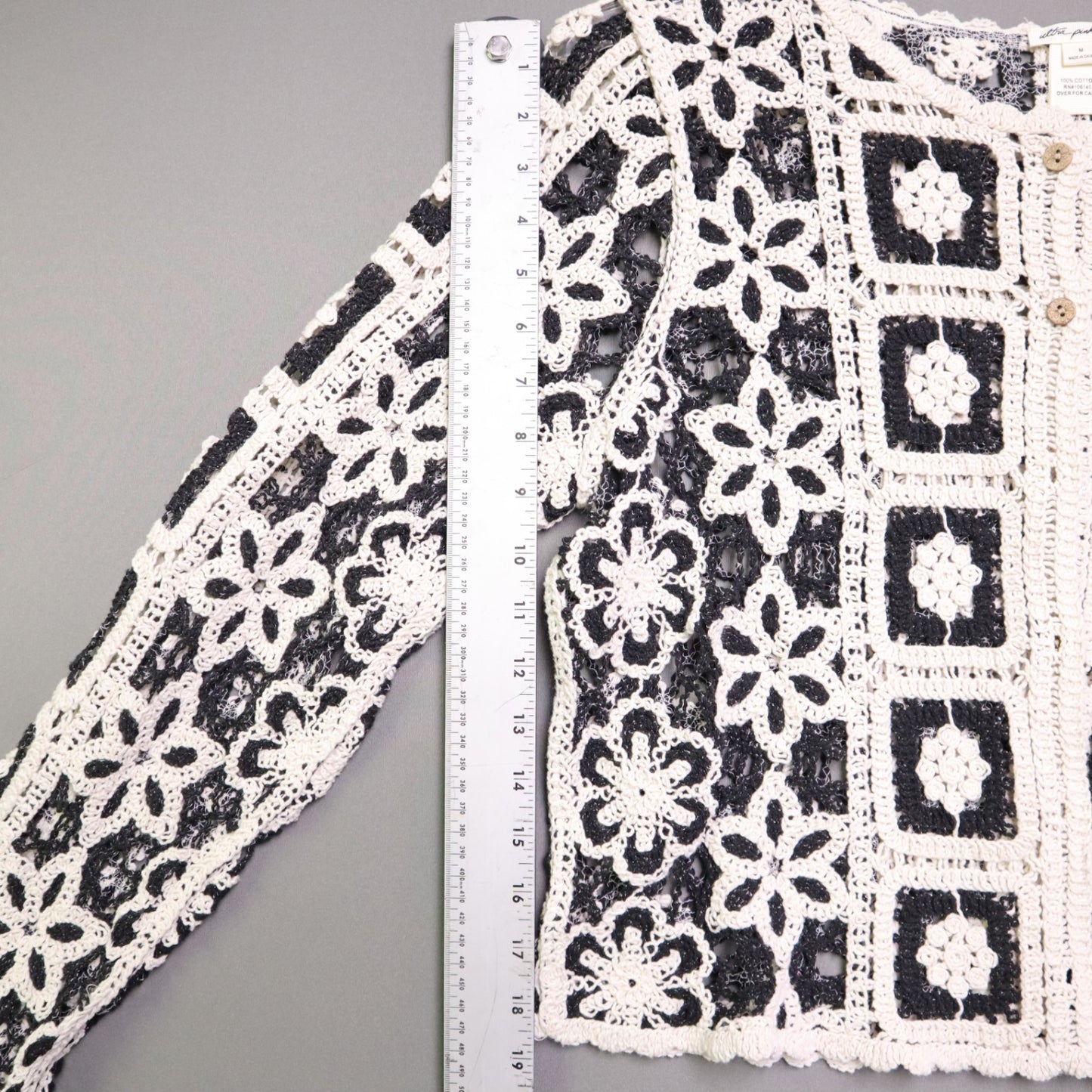 Ultra Pink Medium M Crochet Cardigan Sweater Black Cream Granny Square Boho Open
