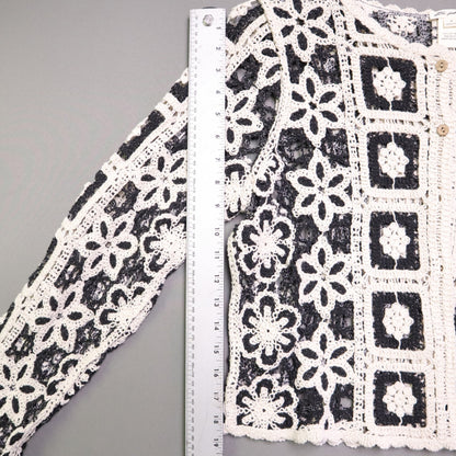 Ultra Pink Medium M Crochet Cardigan Sweater Black Cream Granny Square Boho Open