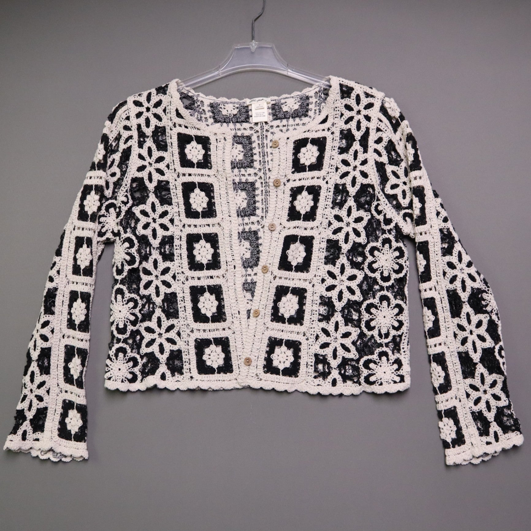 Ultra Pink Medium M Crochet Cardigan Sweater Black Cream Granny Square Boho Open
