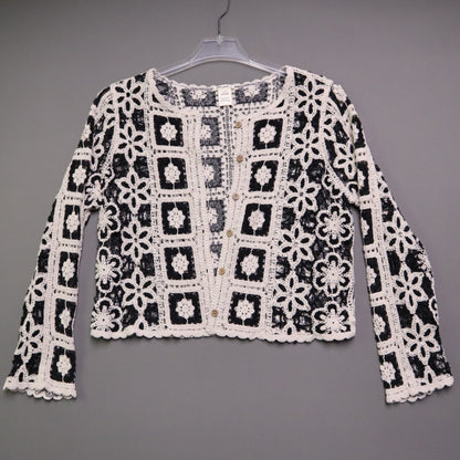 Ultra Pink Medium M Crochet Cardigan Sweater Black Cream Granny Square Boho Open