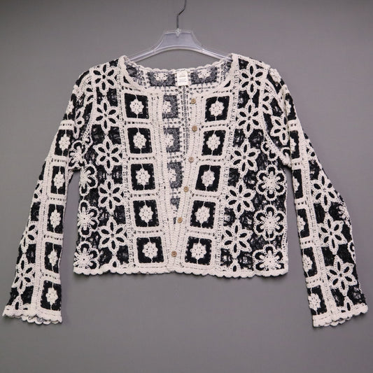 Ultra Pink Medium M Crochet Cardigan Sweater Black Cream Granny Square Boho Open