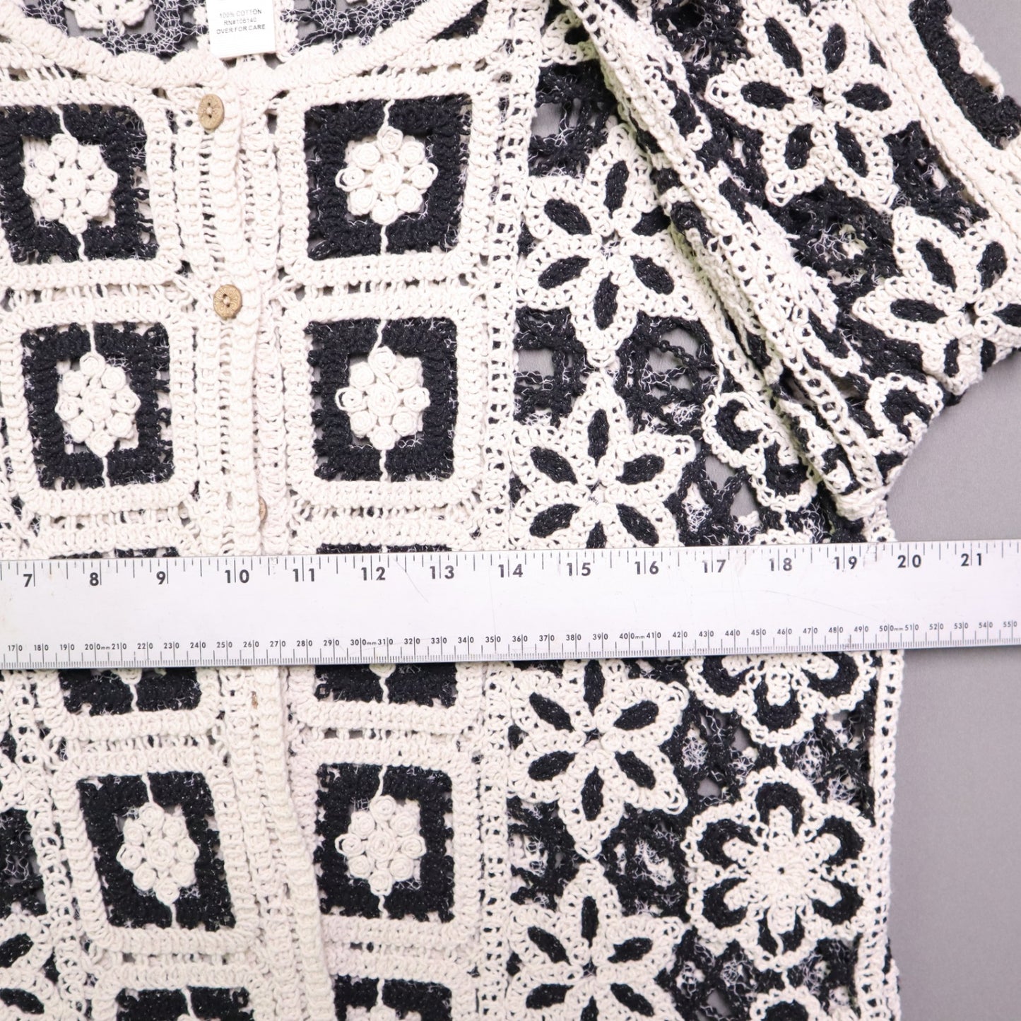 Ultra Pink Medium M Crochet Cardigan Sweater Black Cream Granny Square Boho Open