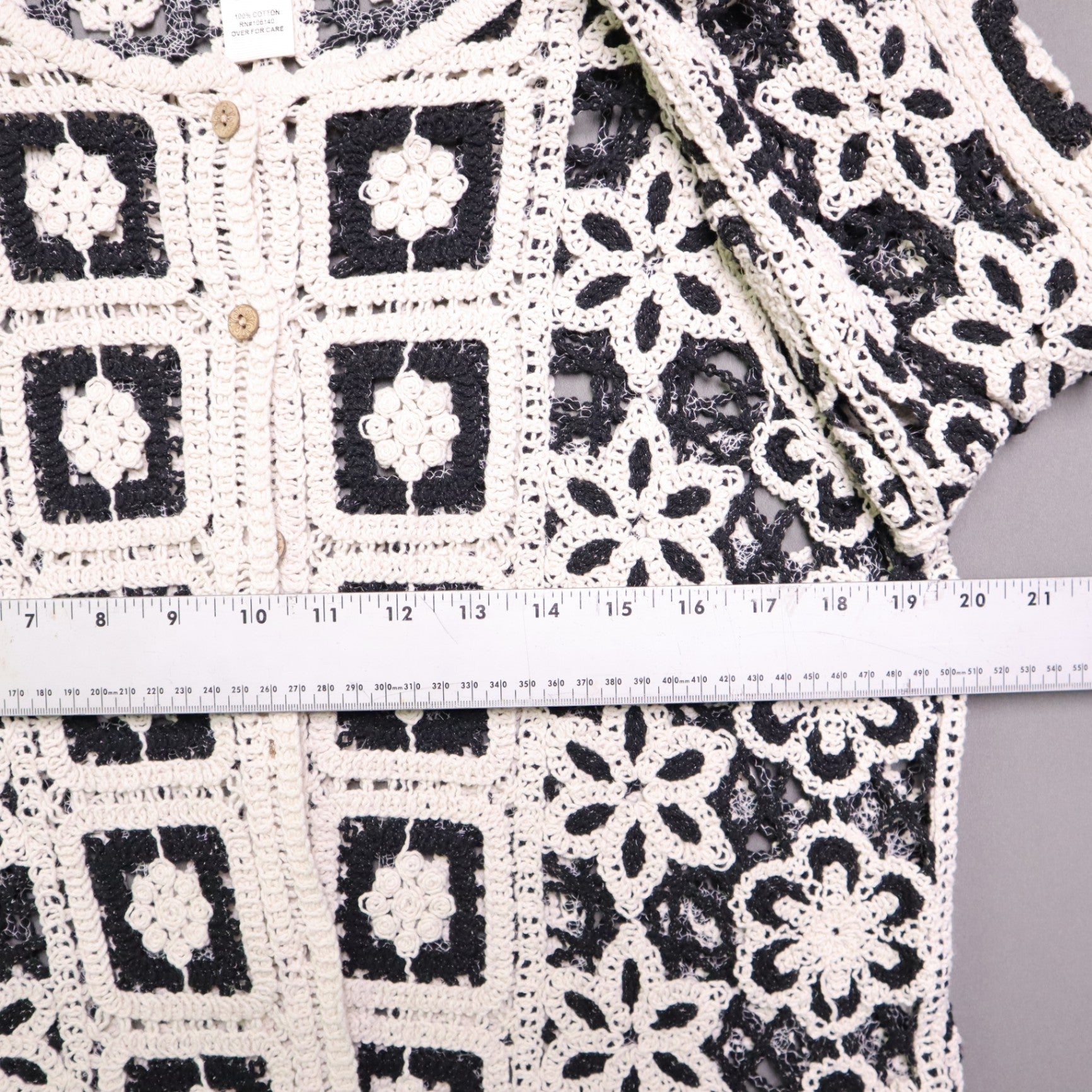 Ultra Pink Medium M Crochet Cardigan Sweater Black Cream Granny Square Boho Open